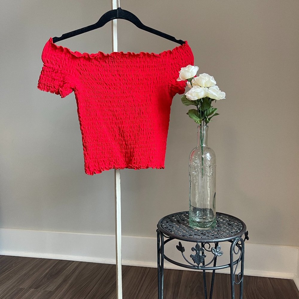 Monki Shirred Off Shoulder Red Crop Top